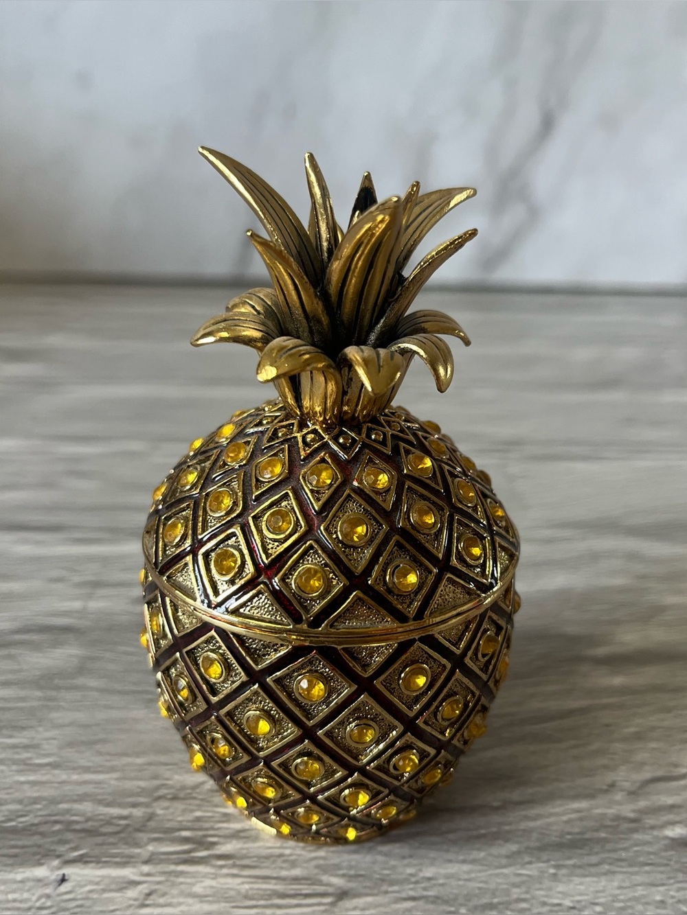 Vintage TWA Airline Promotional Bejeweled Pineapple Enamel Trinket Box Crystal